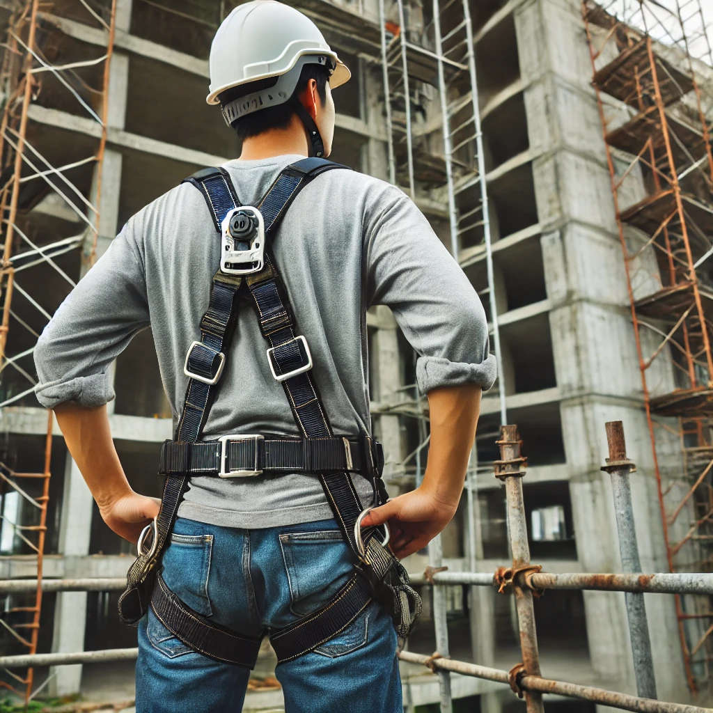 A construction worker wearing a safety harness and helmet while standing on scaffolding at a construction site. The worker is properly secured